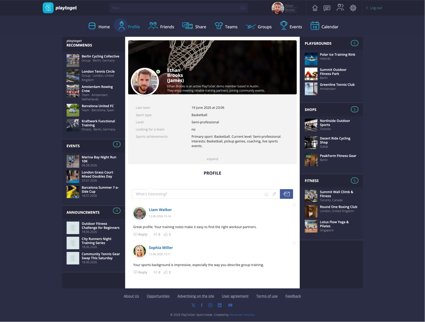 SportsHub profile wall page